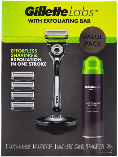 Gillette Labs Exfoliating Razor with Magnetic Stand + 4 Blade Refills + Shaving Gel