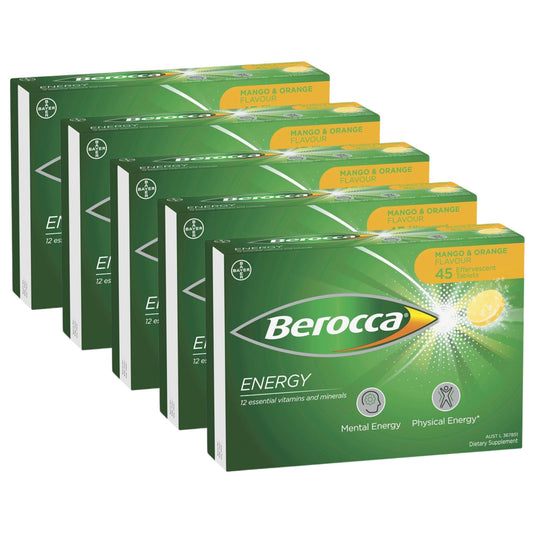 Berocca Energy Mango & Orange Flavour Effervescent Tablets 45ct (Pack of 5)