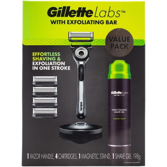 Gillette Labs Exfoliating Razor with Magnetic Stand + 4 Blade Refills + Shaving Gel